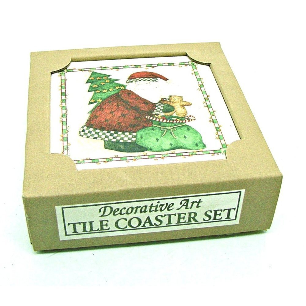 Decorative Art Tile Coaster Set 4 Santa Delivering Gift Holiday Christmas Decor